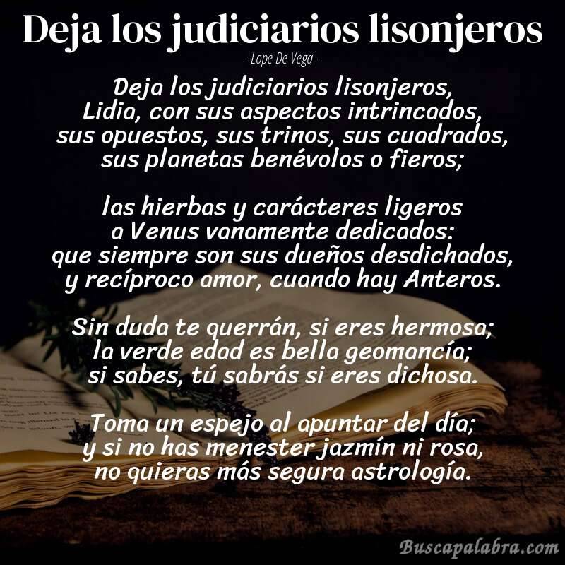 Poema Deja los judiciarios lisonjeros de Lope de Vega con fondo de libro