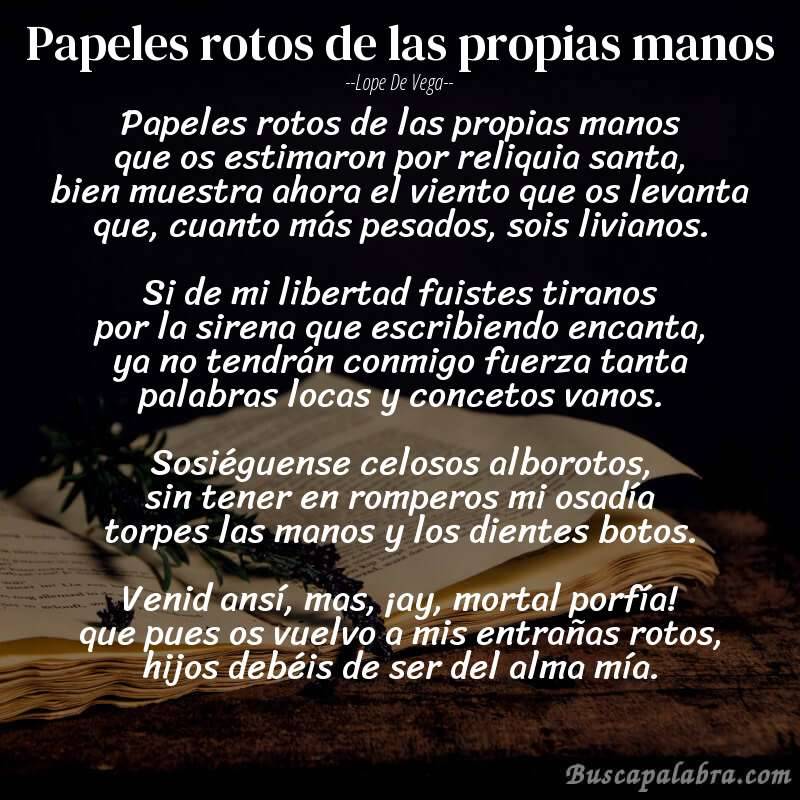 Poema Papeles rotos de las propias manos de Lope de Vega con fondo de libro