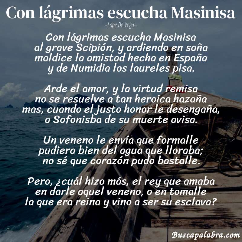 Poema Con lágrimas escucha Masinisa de Lope de Vega con fondo de barca