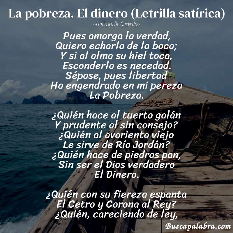 Poema La pobreza. El dinero (Letrilla satírica) de Francisco de Quevedo con fondo de barca