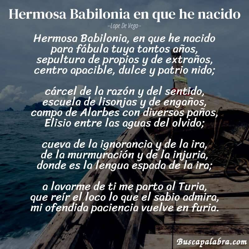 Poema Hermosa Babilonia en que he nacido de Lope de Vega con fondo de barca