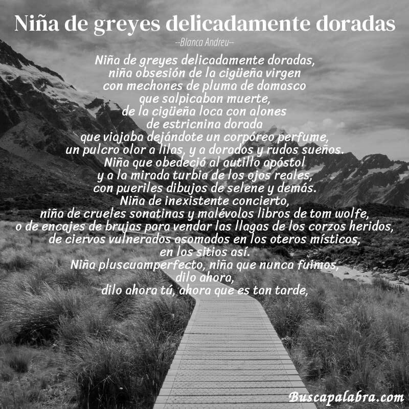 Poema niña de greyes delicadamente doradas de Blanca Andreu con fondo de paisaje