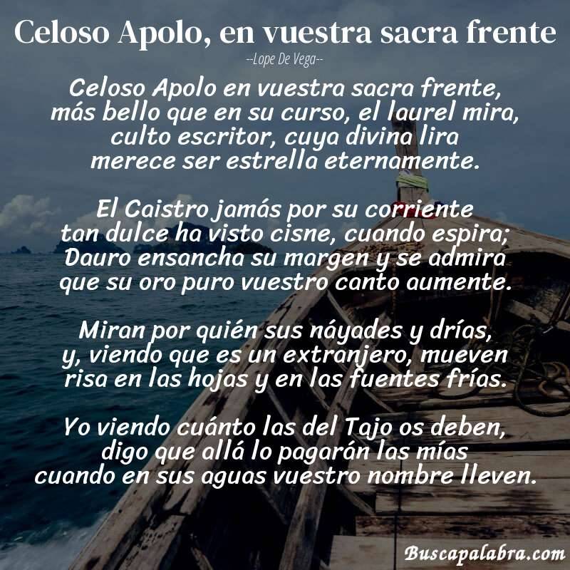 Poema Celoso Apolo, en vuestra sacra frente de Lope de Vega con fondo de barca