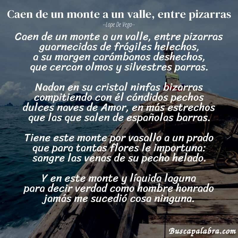 Poema Caen de un monte a un valle, entre pizarras de Lope de Vega con fondo de barca