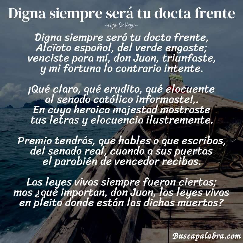Poema Digna siempre será tu docta frente de Lope de Vega con fondo de barca