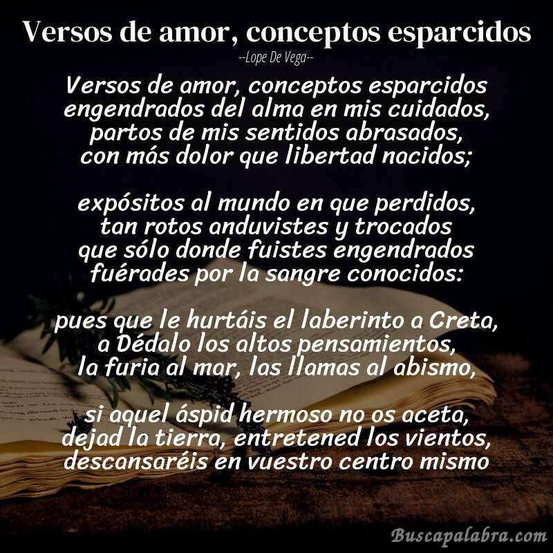 Poema Versos de amor, conceptos esparcidos de Lope de Vega con fondo de libro
