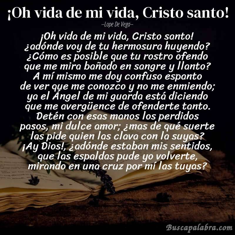 Poema ¡Oh vida de mi vida, Cristo santo! de Lope de Vega con fondo de libro