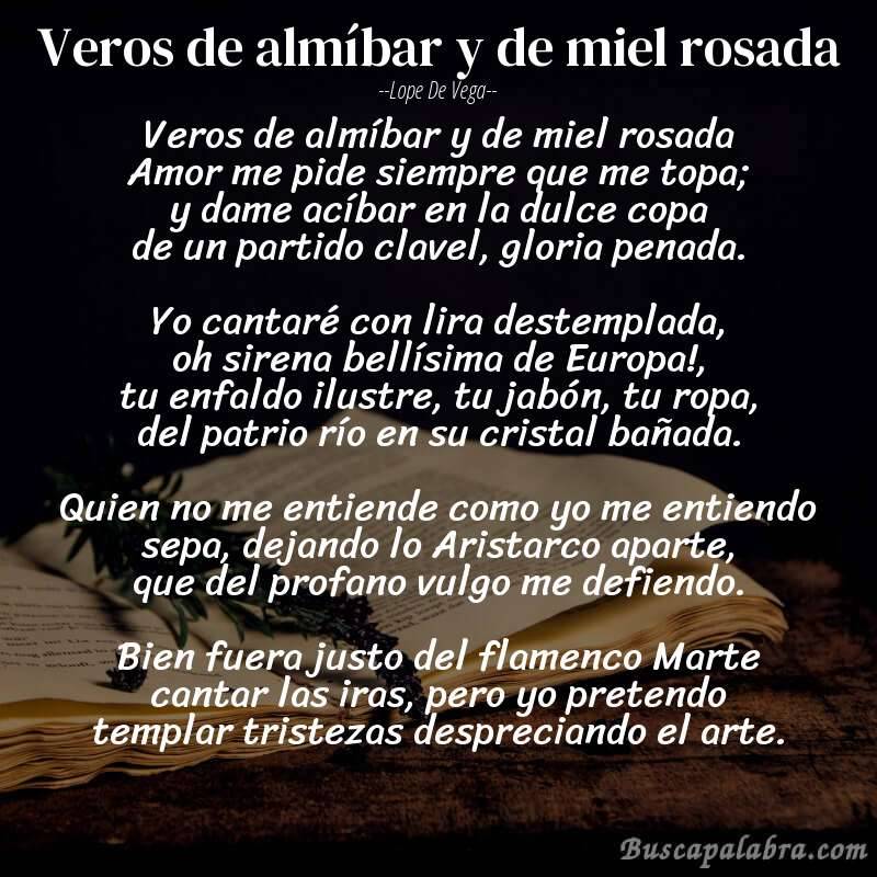 Poema Veros de almíbar y de miel rosada de Lope de Vega con fondo de libro