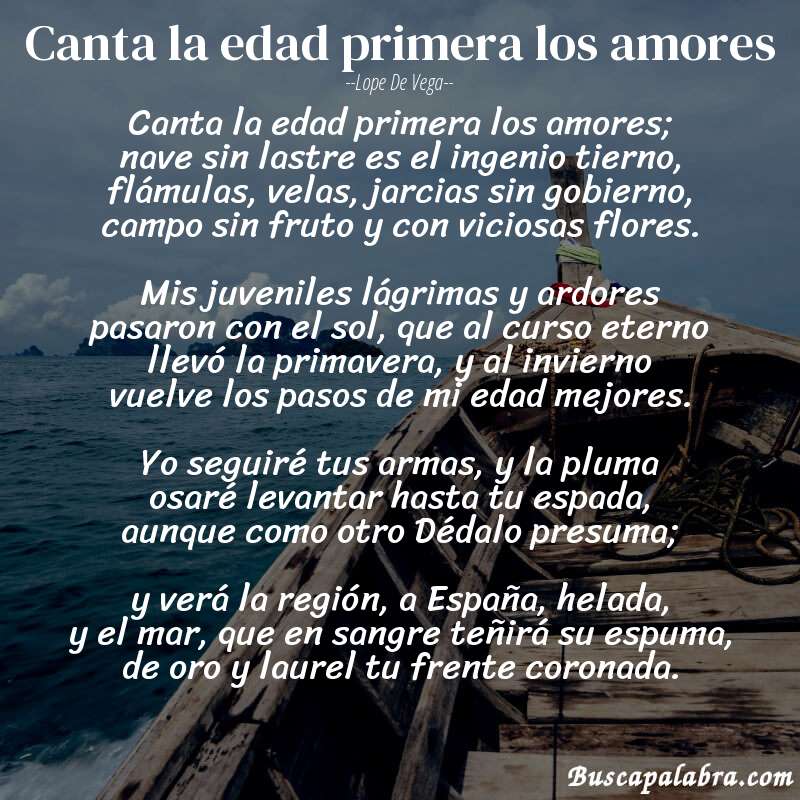 Poema Canta la edad primera los amores de Lope de Vega con fondo de barca