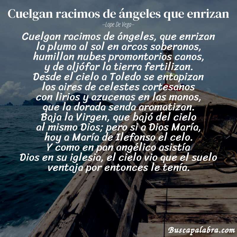Poema Cuelgan racimos de ángeles que enrizan de Lope de Vega con fondo de barca