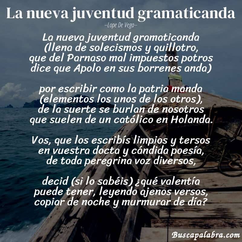 Poema La nueva juventud gramaticanda de Lope de Vega con fondo de barca